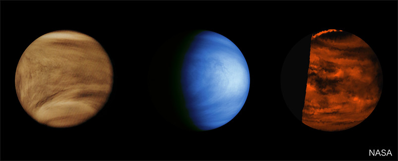 過去の金星探査ミッションで撮影された異なる波長による画像