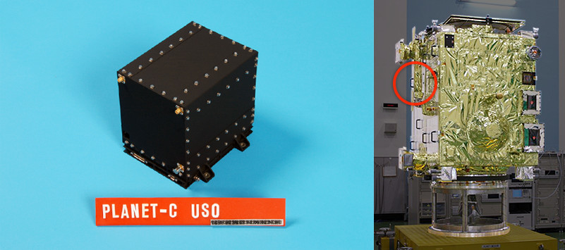 超高安定発振器USOの写真と機体への取り付け位置を示した画像