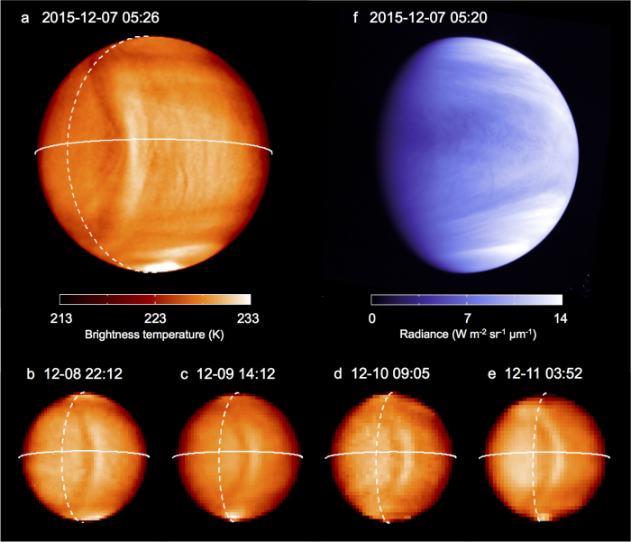 2015年12月にあかつきのLIRとUVIが撮影した金星の巨大な弓上模様。